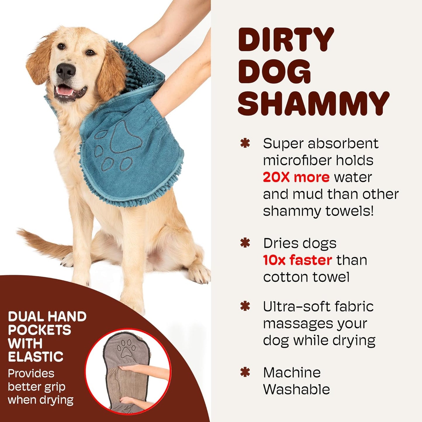Dog Gone Smart the Dirty Dog Shammy - Antimicrobial Microfiber Dog Towel for Odor Control, Fast-Drying Plush, Dual Hand Pockets & Elastic, Super Absorbent, Machine Washable, 31 X 13 In, Pacific Blue